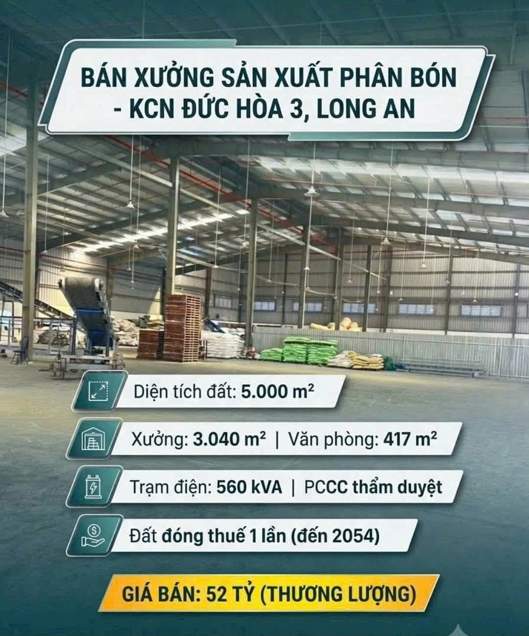 Bán xưởng sản xuất phân bón 5.000 m² KCN Đức Hòa 3, Long An, giá 52 tỷ - Ảnh 1