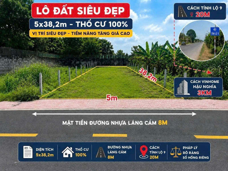 Bán lô đất mặt tiền đường nhựa Láng Cẩm, Đức Lập, Tây Ninh, 5x38.2m, giá 2,55 tỷ