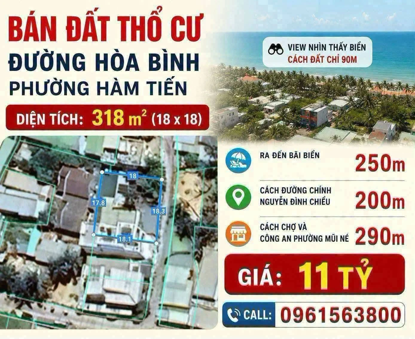 Bán đất thổ cư 318m² Hòa Bình Hàm Tiến, view biển - Ảnh 1