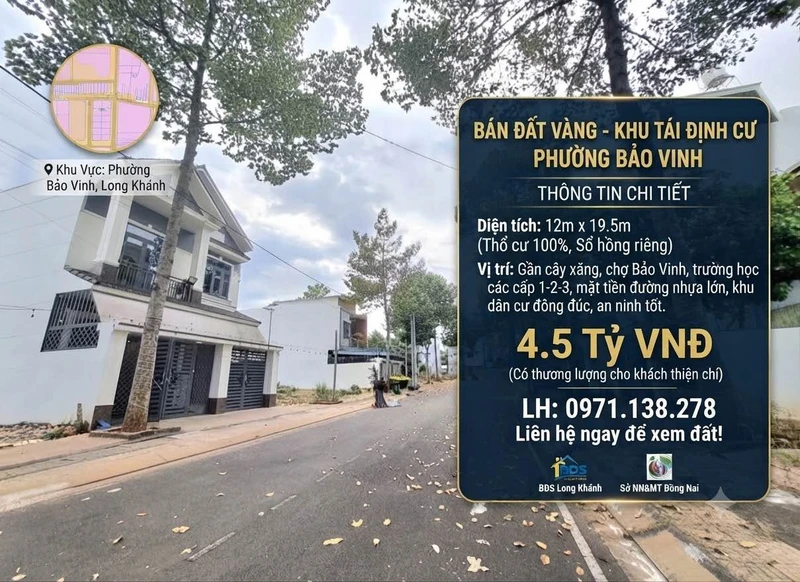 Bán đất thổ cư 12x19,5m mặt tiền đường nhựa khu tái định cư phường Bảo Vinh, Đồng Nai