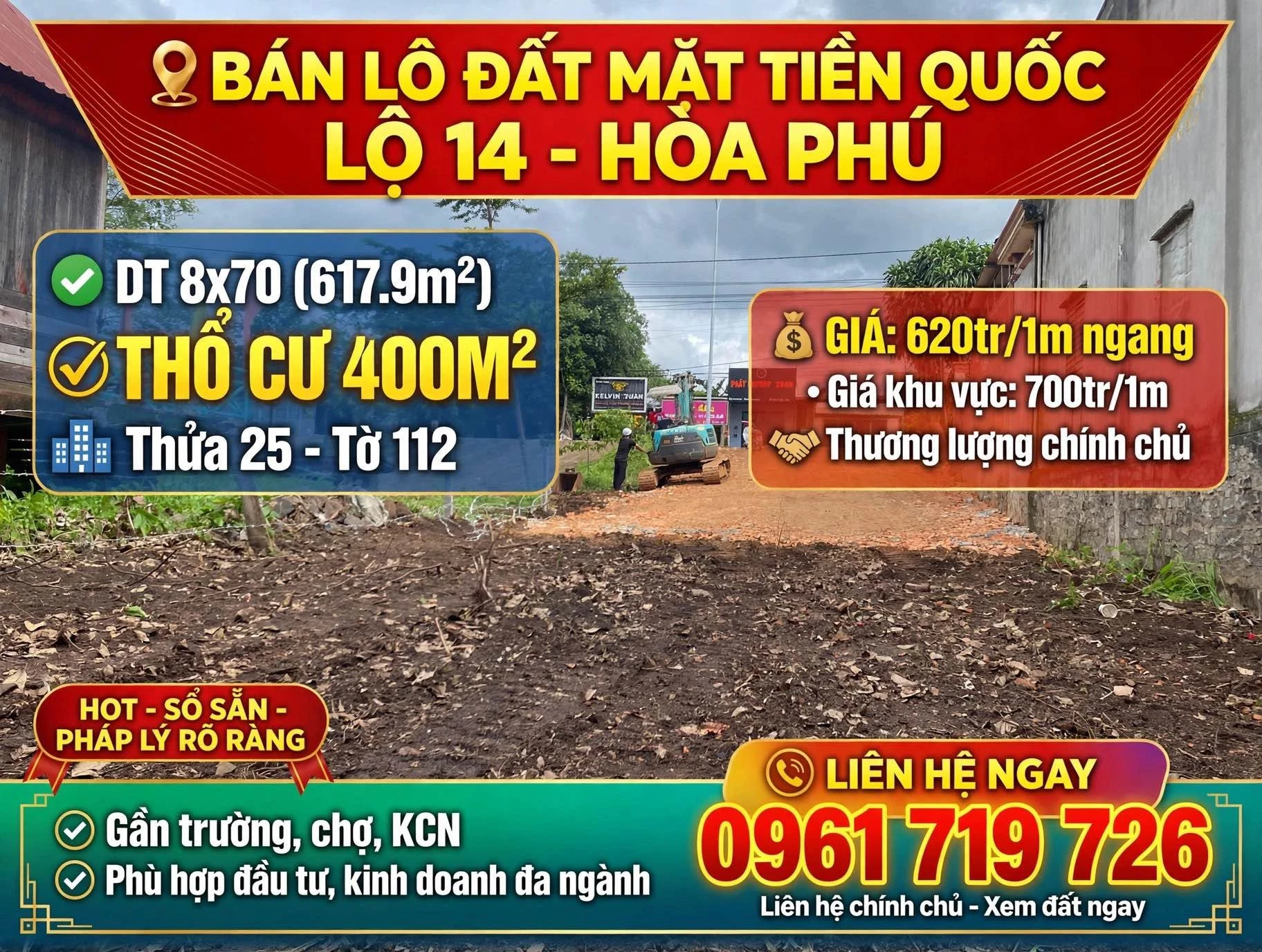 Bán lô đất mặt tiền Quốc lộ 14 Hòa Phú 400m² 620 triệu/m² - Ảnh 1