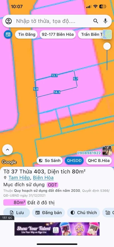 Bán lô đất mặt tiền 80m2 trung tâm Biên Hòa