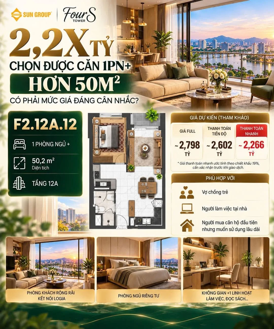 Bán căn hộ 1PN+ 50,2m² FourS Tower tầng 12A, Đà Nẵng, giá từ 2,266 tỷ - Ảnh 1
