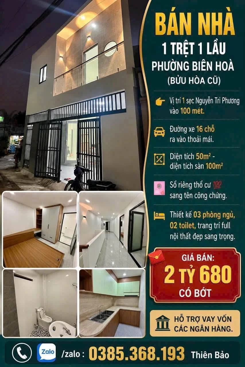 Bán nhà 1 trệt 1 lầu 3PN 100m2 Phường Biên Hòa 2,6 tỷ - Ảnh 1