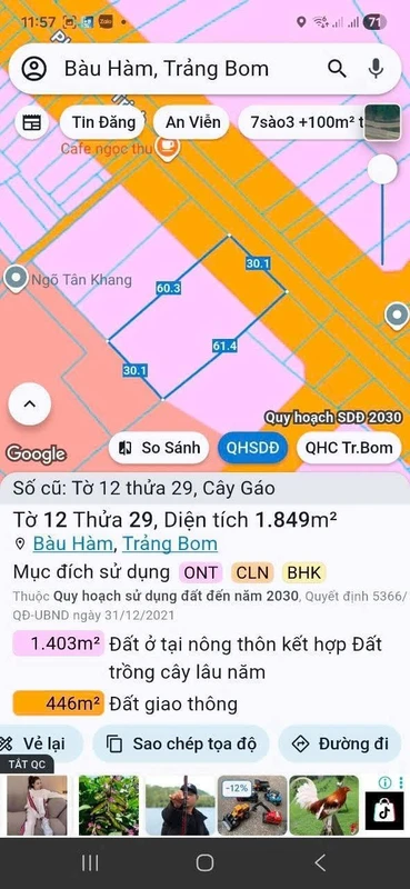 Bán đất thổ cư 1849m² mặt tiền ĐT.762 Bàu Hàm, Đồng Nai, giá hơn 10 tỷ