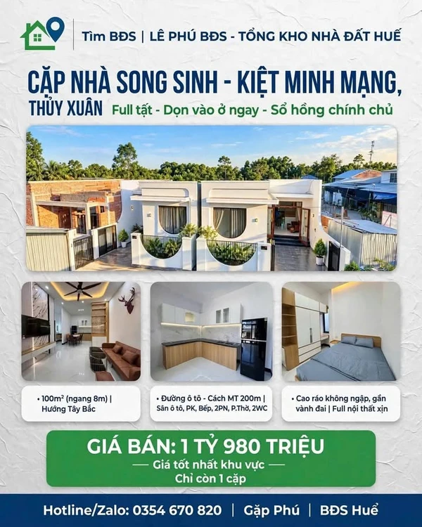 Bán nhà phố 100m² 2PN Minh Mạng, Thủy Xuân, Huế