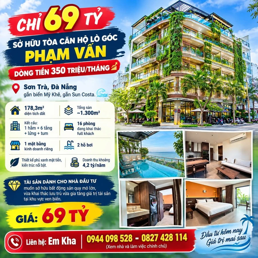 Bán tòa căn hộ lô góc Phạm Văn, Sơn Trà, Đà Nẵng, 69 tỷ - Ảnh 1