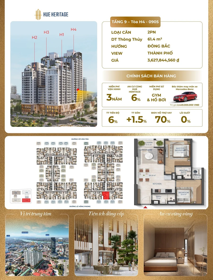 Bán căn hộ 2PN 61.4m² tòa H4 giá 3.683 tỷ Huế Heritage - Ảnh 1