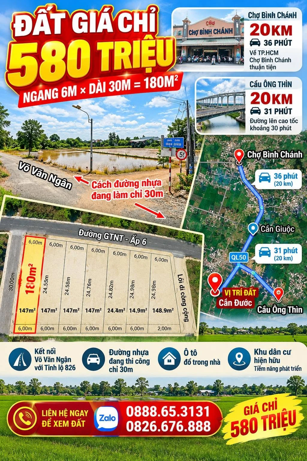 Bán đất 180m² ngang 6m, gần Võ Văn Ngân, Cần Dước, 580 triệu - Ảnh 1