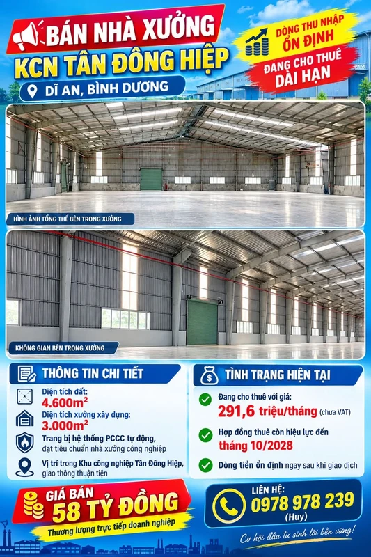 Bán nhà xưởng 3.000m² KCN Tân Đông Hiệp, Bình Dương, 58 tỷ