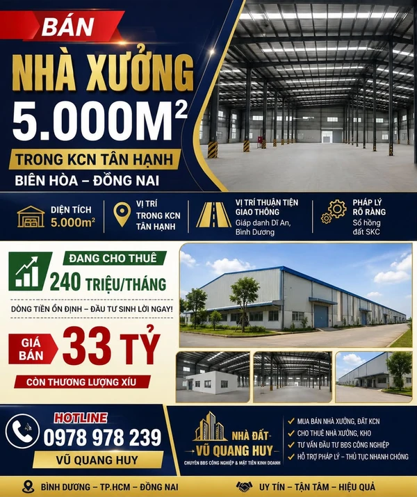 Bán nhà xưởng 5.000m² Tân Hạnh Biên Hòa, giá 30 tỷ