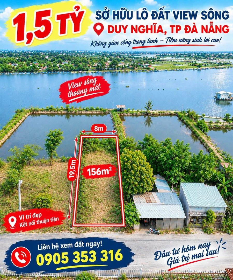 Bán đất mặt tiền đường DH6 view sông 157,4m² giá 1,5 tỷ tại Duy Nghĩa, Đà Nẵng - Ảnh 1