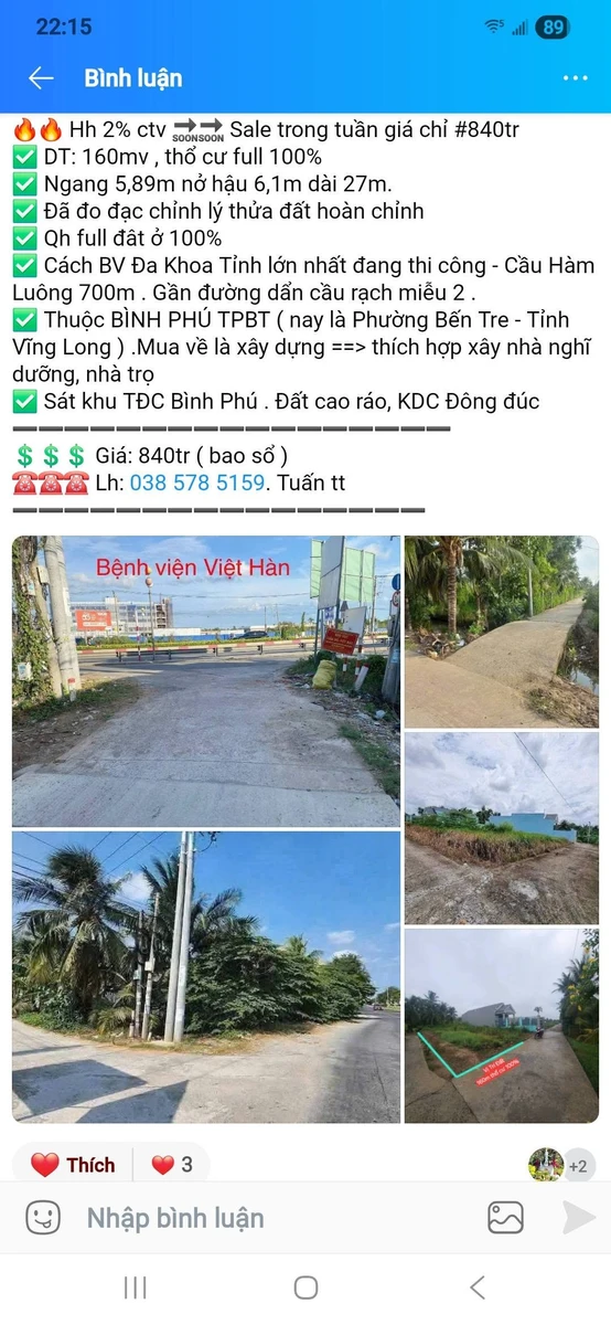 Bán đất Bình Phú 160m2 gần Cầu Hàm Luông 840 triệu - Ảnh 1