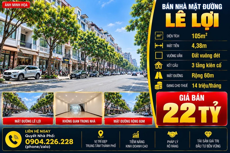 Bán nhà mặt đường Lê Lợi, Hải Phòng, 105m², 22 tỷ