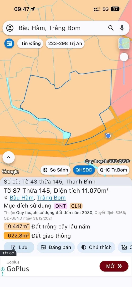 Bán đất 11070m² mặt tiền 70m Bầu Hàm Trảng Bom 550 triệu - Ảnh 1