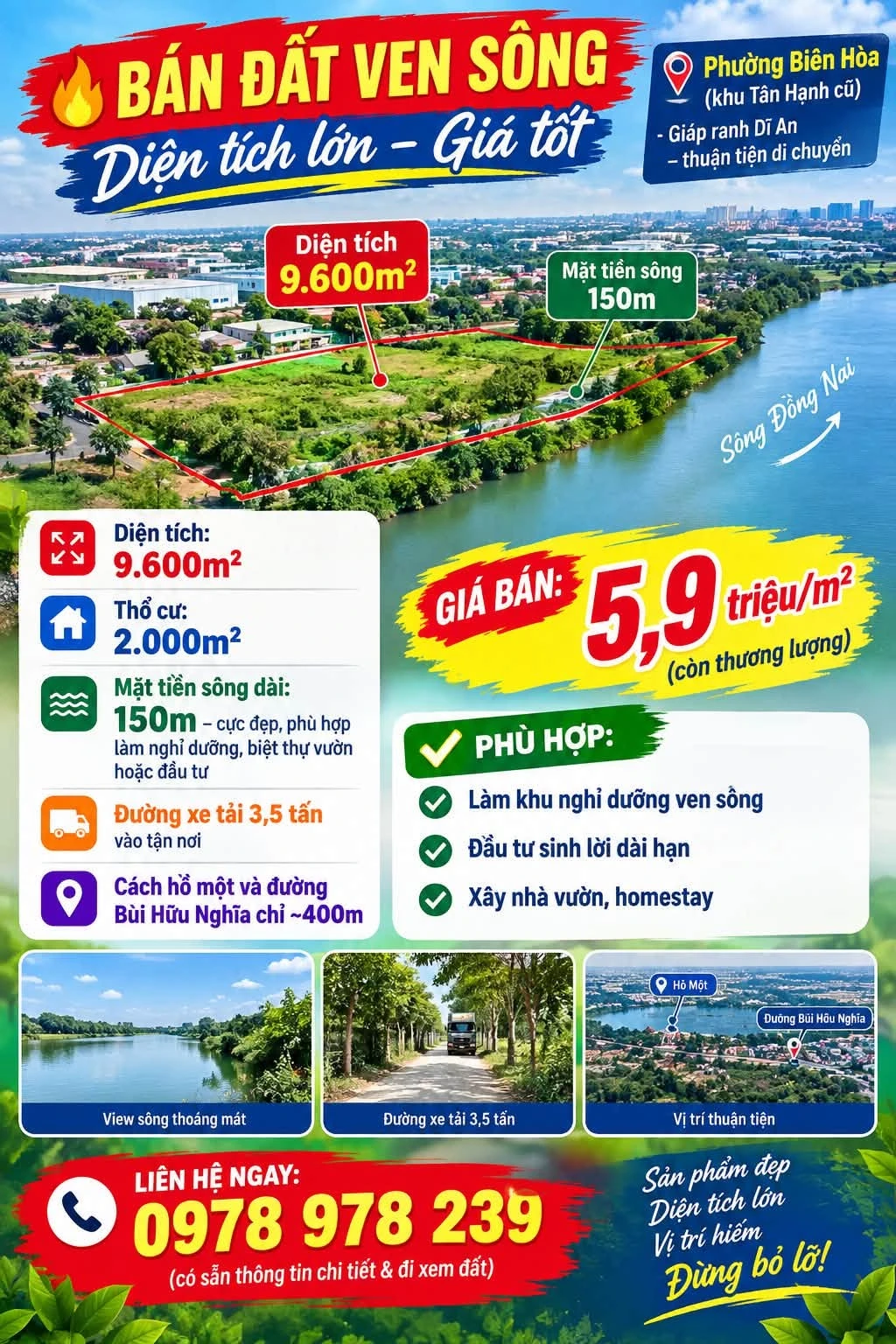 Bán đất view sông 9.600m² mặt tiền 150m Biên Hòa Dĩ An - Ảnh 1