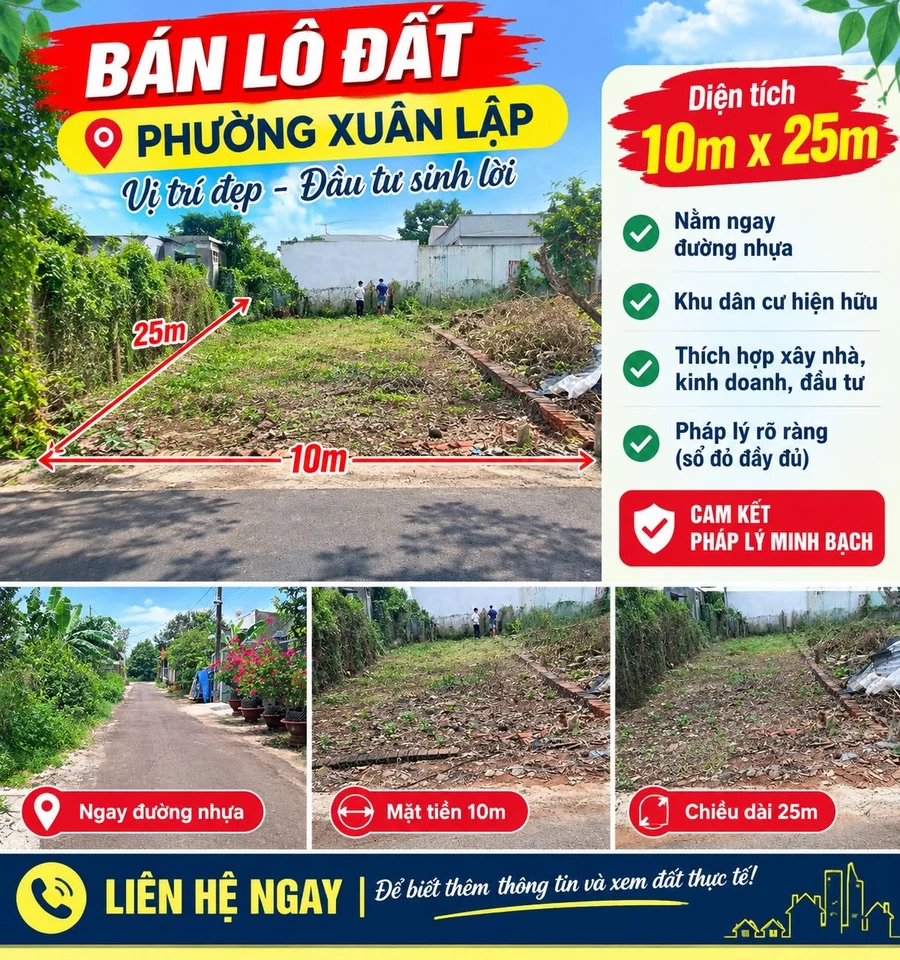 Bán lô đất 250m² mặt tiền Phường Xuân Lập 1 tỷ 250 triệu - Ảnh 1