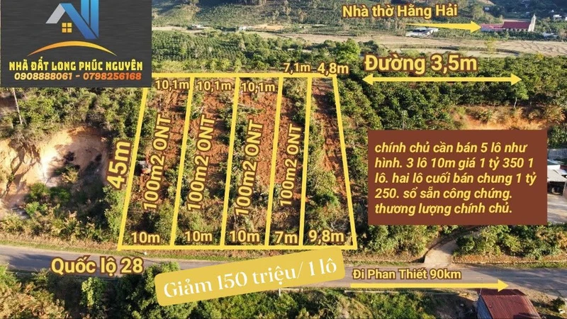 Bán 5 lô đất mặt tiền Quốc lộ 28, 100m² mỗi lô, Bình Thuận