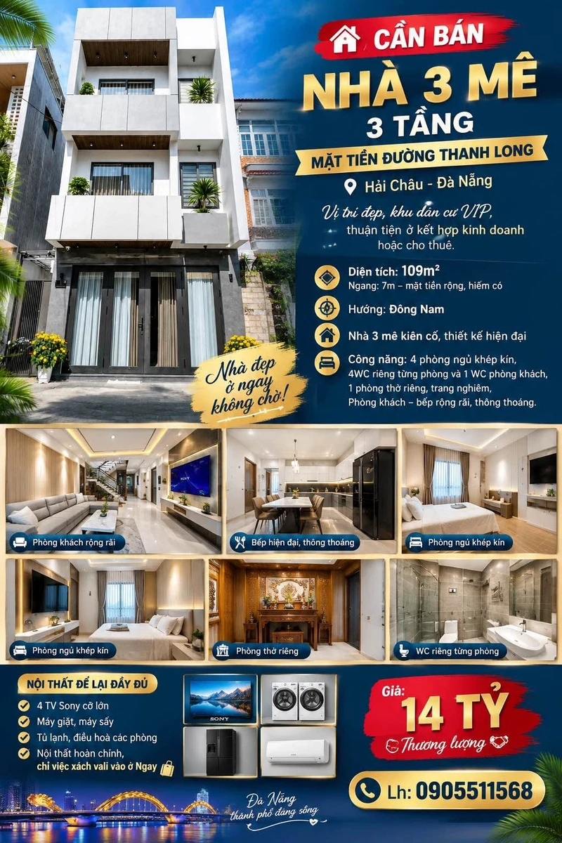 Bán nhà 3 mê 3 tầng 109m² mặt tiền đường Thanh Long, Đà Nẵng - Ảnh 1