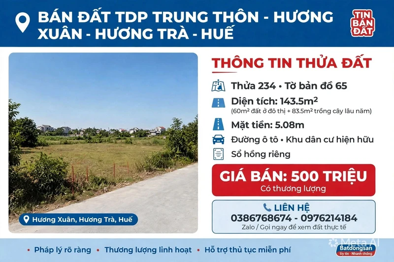 Bán 143,5m² đất nền TDP Trung Thôn Huế