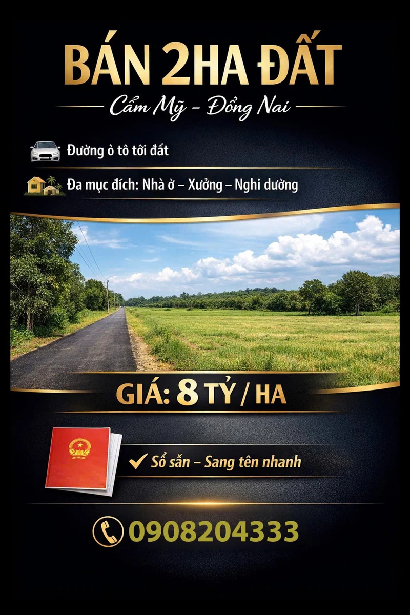 Bán 2ha đất Cẩm Mỹ Đồng Nai 8 tỷ/ha - Ảnh 1