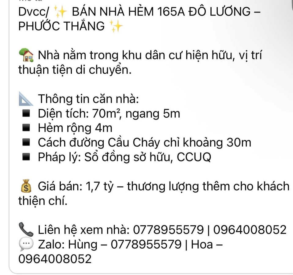 Bán nhà hẻm 70m² Đô Lương Phước Thắng 1,7 tỷ - Ảnh 1