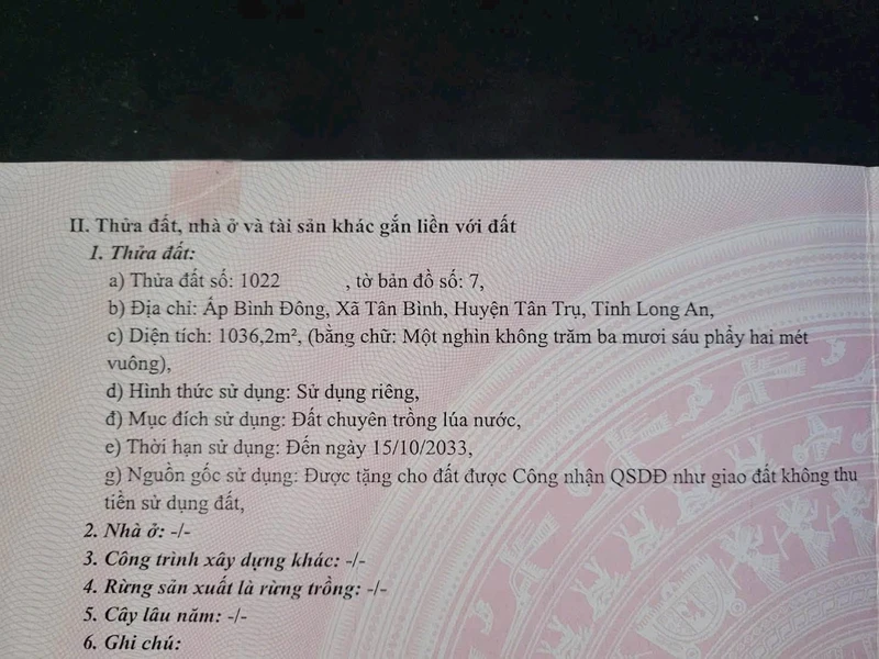 Bán đất 1036m2 Nhựt Tảo Tân Trụ Bình Dương