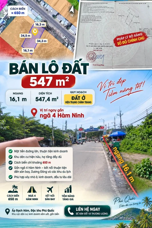 Bán lô đất 547m² gần Hàm Ninh, Phú Quốc, 9 tỷ