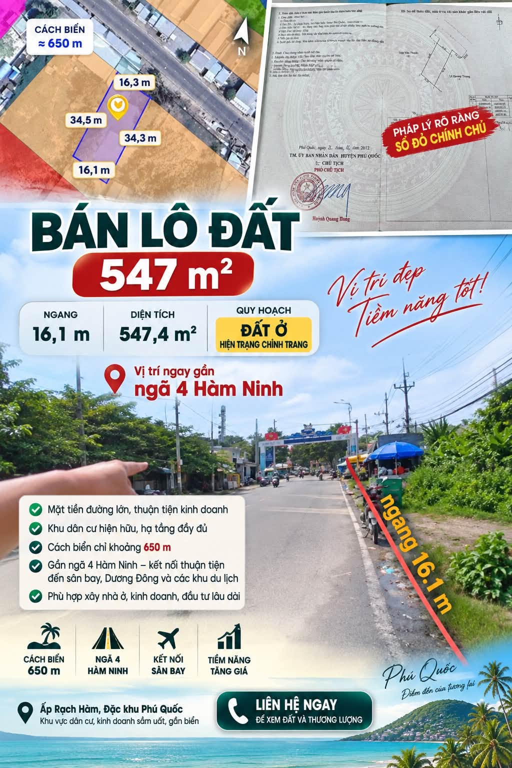 Bán lô đất 547m² gần Hàm Ninh, Phú Quốc, 9 tỷ