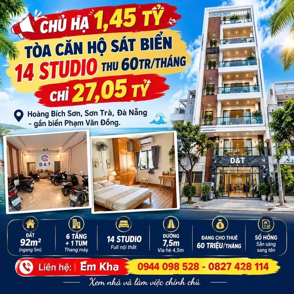 Bán tòa căn hộ 14 studio sát biển Đà Nẵng, 27,05 tỷ