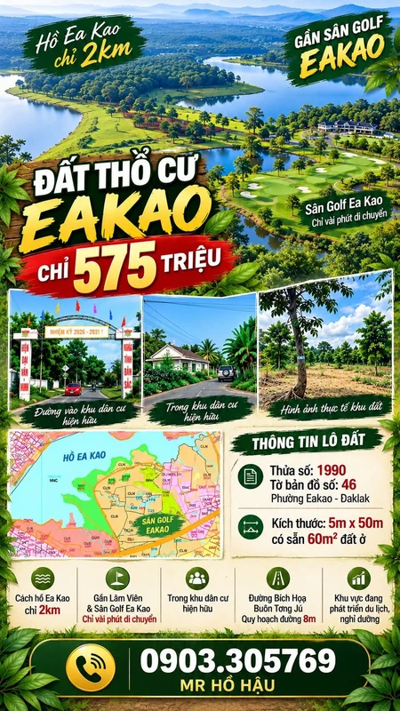 Bán đất nền Phường Eakao, Đắk Lắk 5m x 50m, 575 triệu