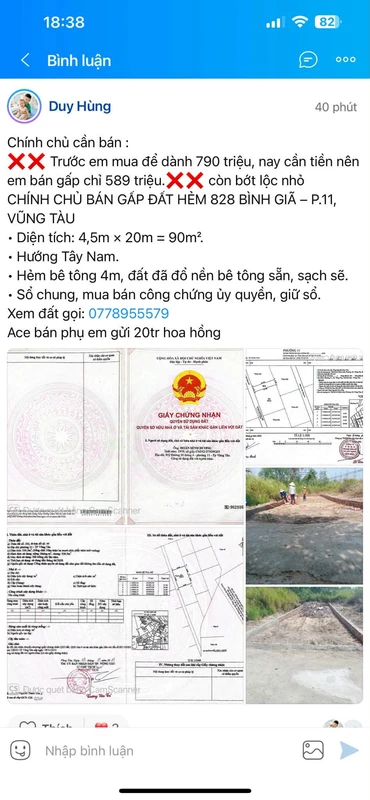 Bán đất hẻm 90m² Bình Giã, P.11, Vũng Tàu 589 triệu