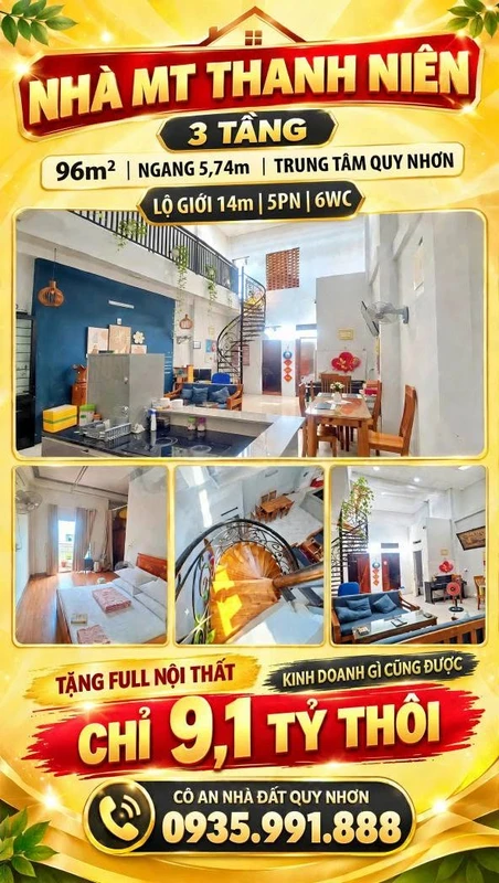 Bán nhà mặt tiền Thanh Niên, Quy Nhơn, 96m², 5PN, 9.1 tỷ