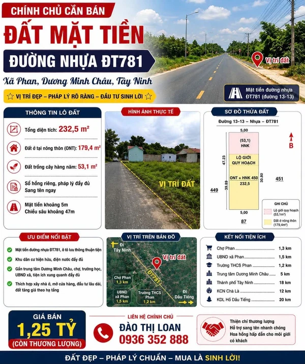 Bán đất mặt tiền 232,5m² Dương Minh Châu, Tây Ninh