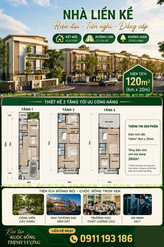 Bán nhà 3 tầng liền kề 120m² VSIP Nghệ An 2 triệu/m²