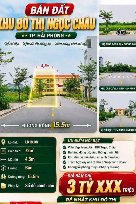 Bán đất khu đô thị Ngọc Châu Hải Phòng 72m2 mặt 4,5m