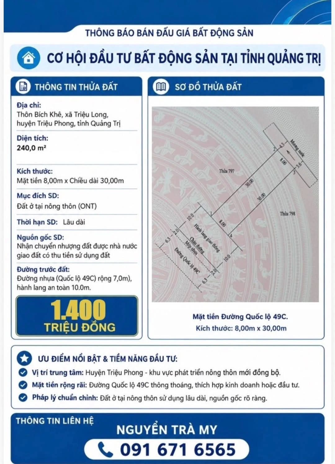 Bán đất mặt tiền Quốc Lộ 49C Triệu Phong 240m² 1,4 tỷ - Ảnh 1