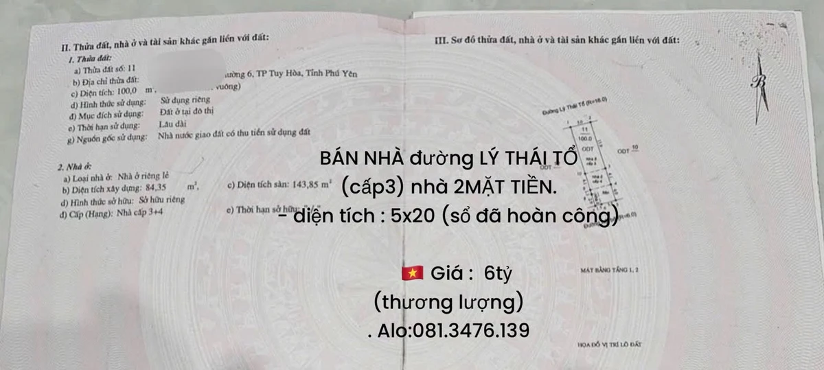Bán nhà 2 mặt tiền 100m² đường Lý Thái Tổ 6 tỷ - Ảnh 1