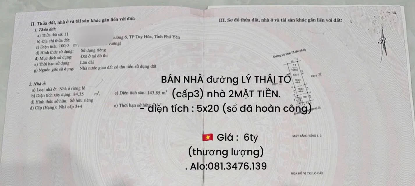 Bán nhà 2 mặt tiền 100m² đường Lý Thái Tổ 6 tỷ - Ảnh 1