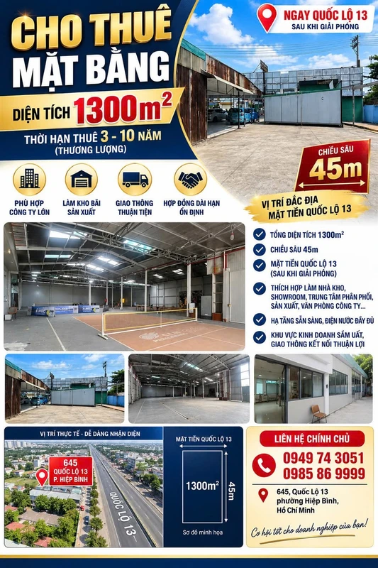 Cho thuê mặt bằng 1300m2 mặt tiền Quốc Lộ 13, phù hợp kho xưởng, showroom, nhà hàng