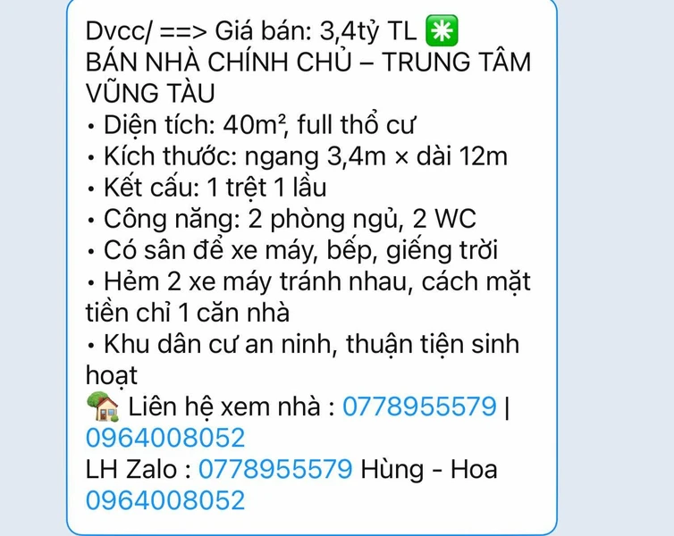 Bán nhà 2 phòng ngủ 40m² trung tâm Vũng Tàu 3.4 tỷ