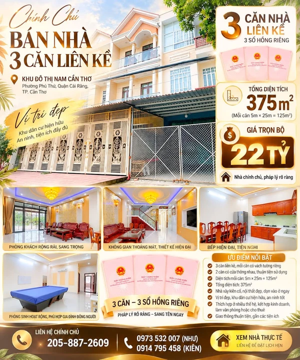 Bán 3 căn nhà liền kề 375m² Cần Thơ 22 tỷ