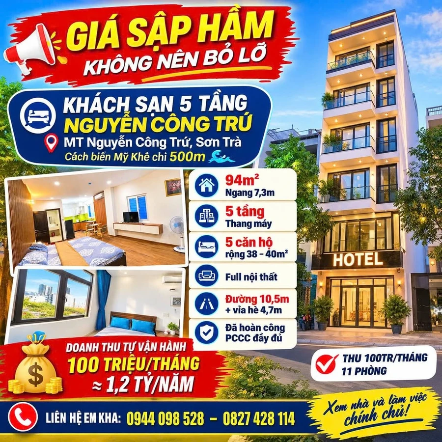 Bán khách sạn 5 tầng 94m2 mặt tiền Nguyễn Công Trứ, Sơn Trà, Đà Nẵng giá 16,8 tỷ - Ảnh 1