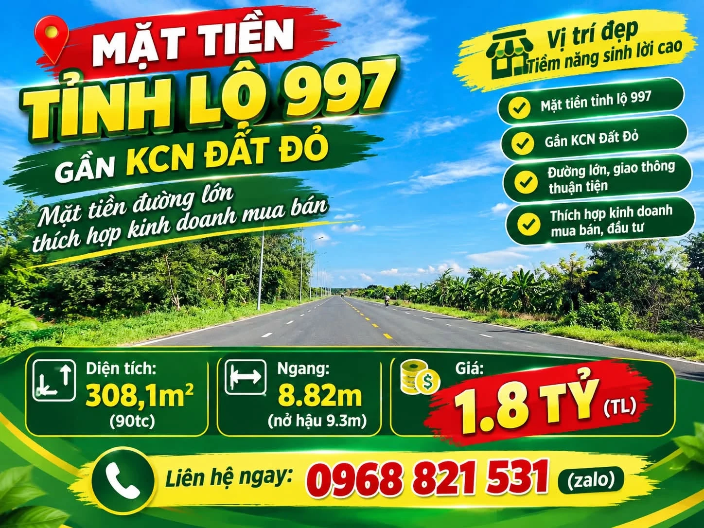 Bán đất mặt tiền Tỉnh lộ 997 gần KCN Đất Đỏ 308m2 - Ảnh 1