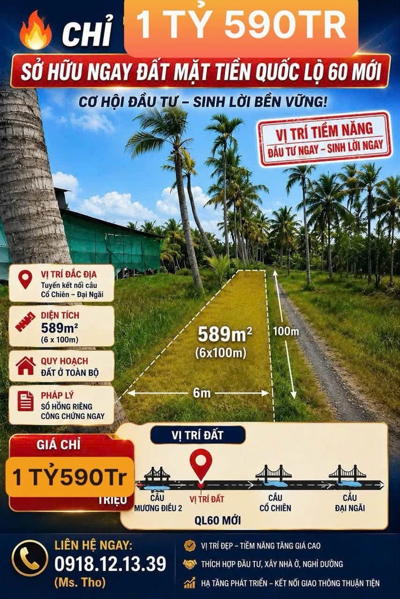 Bán đất mặt tiền QL60 Bến Tre 588,7m² 1 tỷ 590 triệu - Ảnh 1