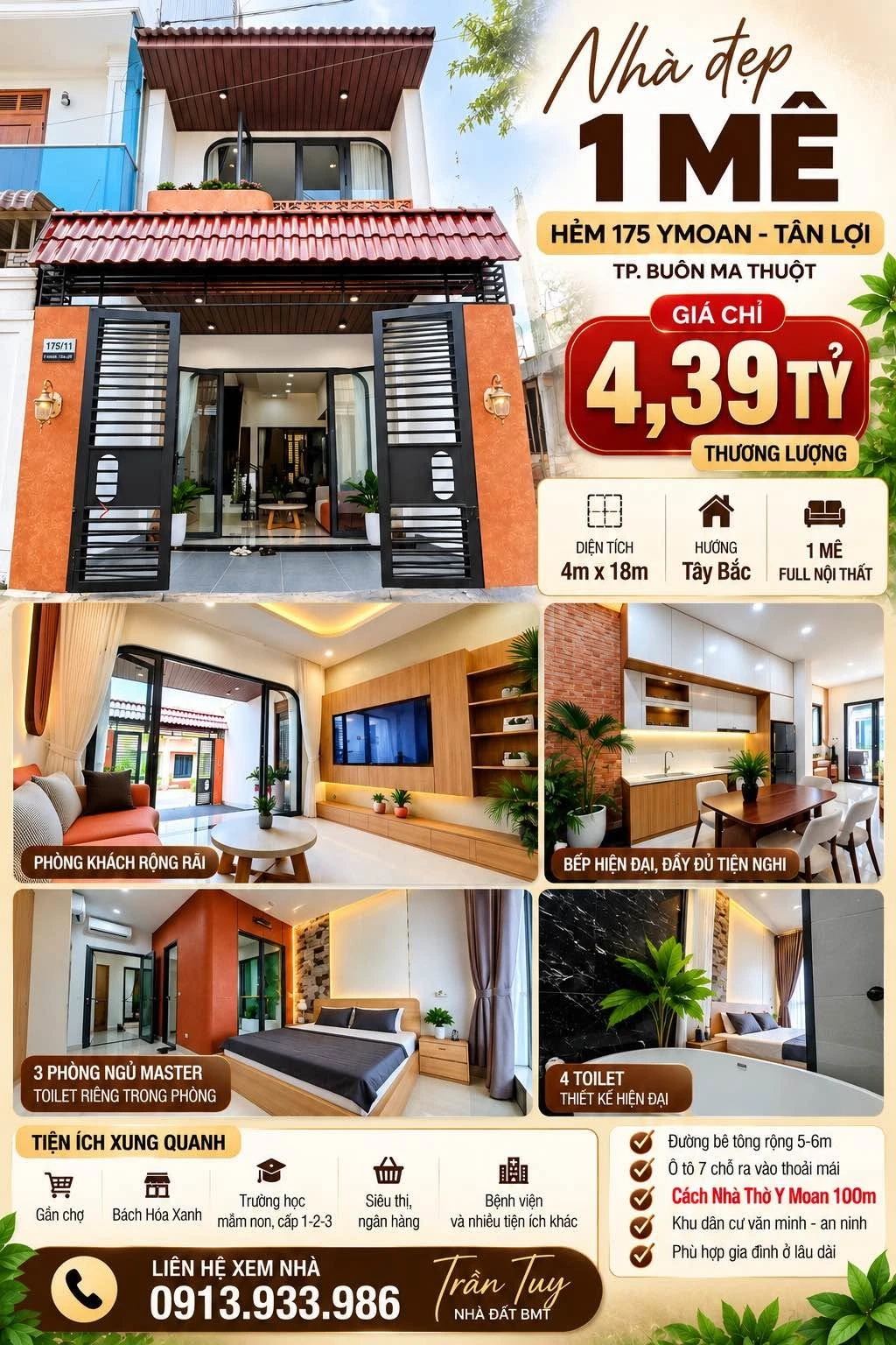 Bán nhà hẻm 175 Y Moan, 4x18m, 3 phòng ngủ full nội thất, Tân Lợi, Buôn Ma Thuột - Ảnh 1