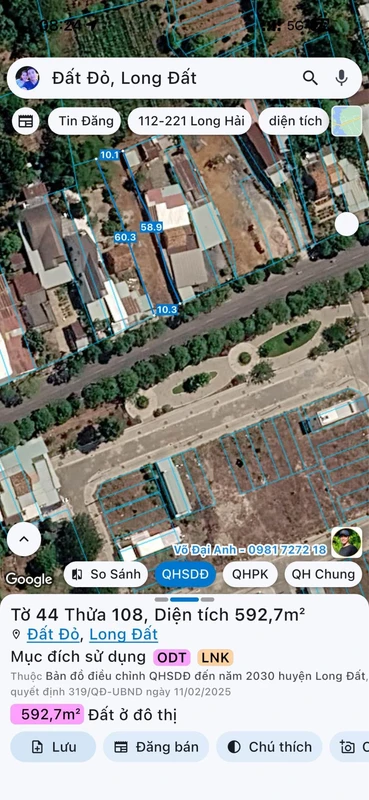 Bán đất mặt tiền kinh doanh QL55 Đất Đỏ 593m²