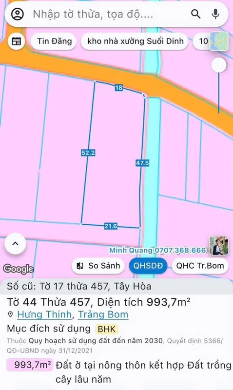 Bán đất mặt tiền KCN Bàu Xéo 993m², 4 tỷ