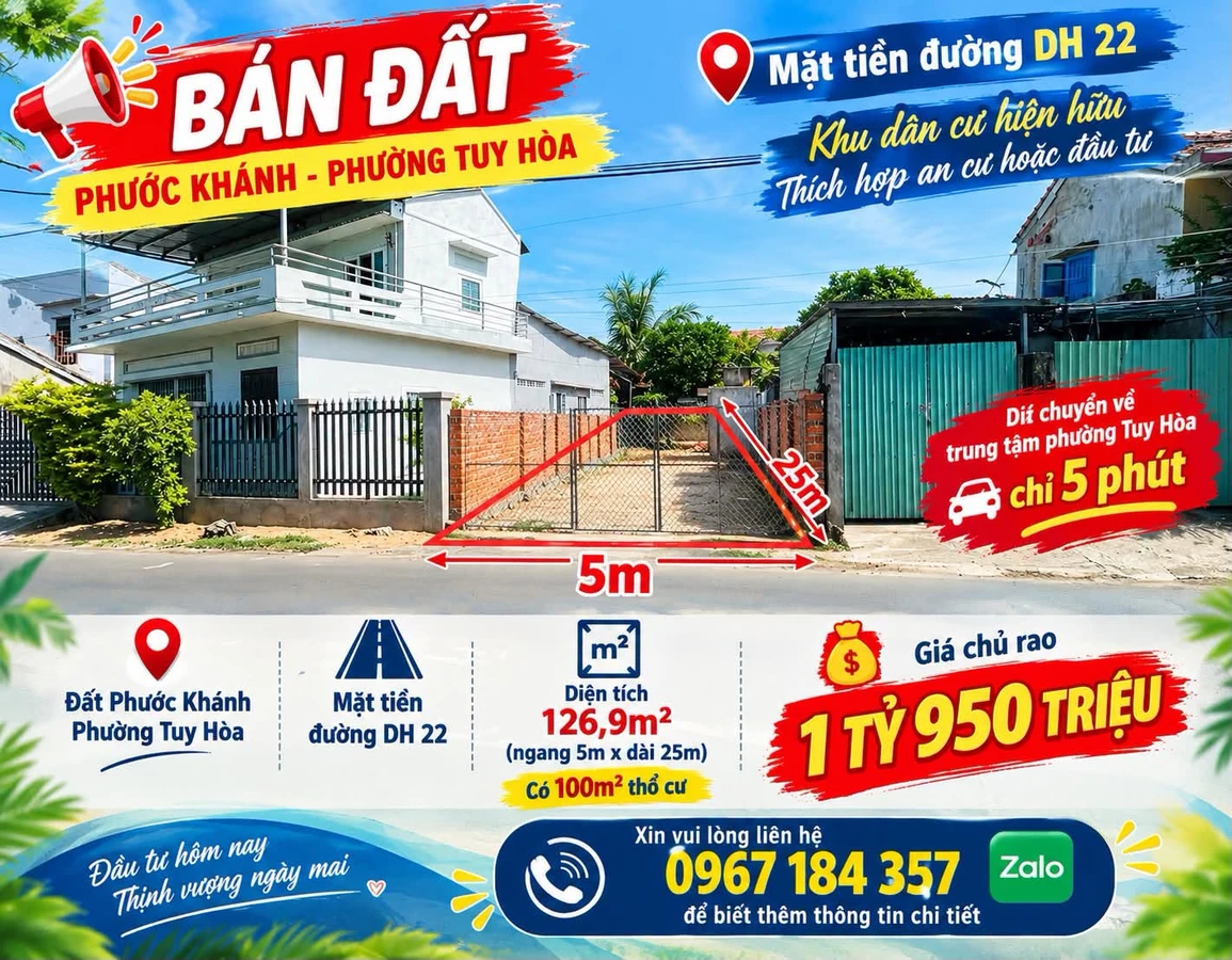 Bán đất Phước Khánh 126,9m2 Phường Tây Hòa 1 tỷ 950 - Ảnh 1