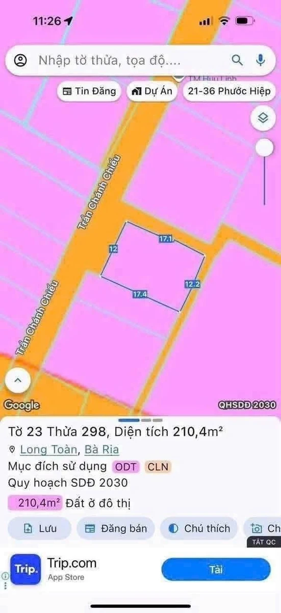 Bán lô đất góc 2 mặt tiền đường Trần Chánh Chiếu, Phường Long Toàn, Bà Rịa, 210,3m2 - Ảnh thu nhỏ 3